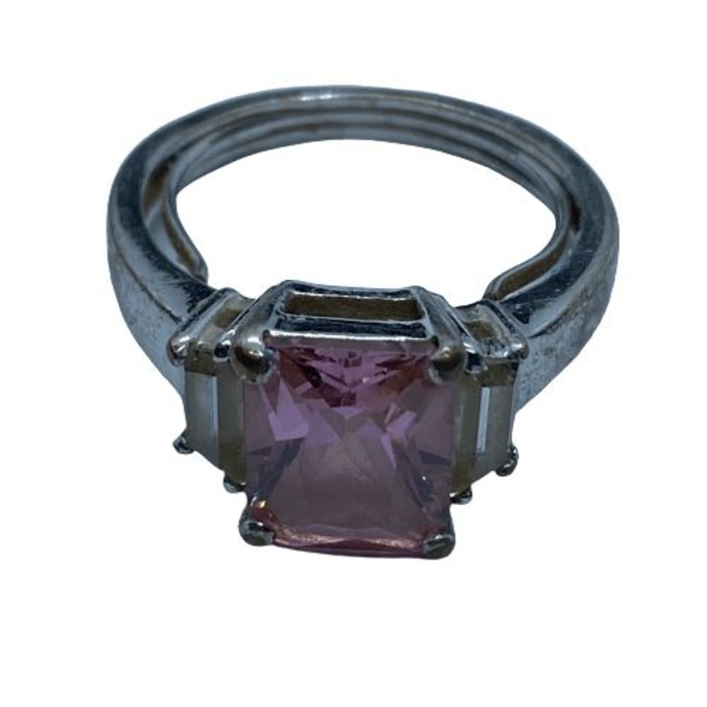 Pretty Size 8-9 Adjustable Silver Tone Ring w/ Pink Rhinestone